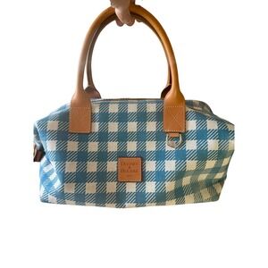 Large Overnight Dooney & Bourke Blue Gingham Satchel Tote Leather Trim Preppy